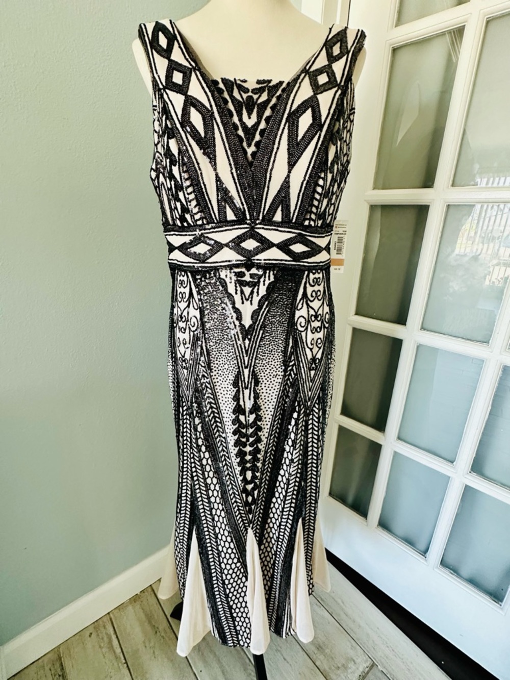 R&M Richards Black and Cream Beaded Dress